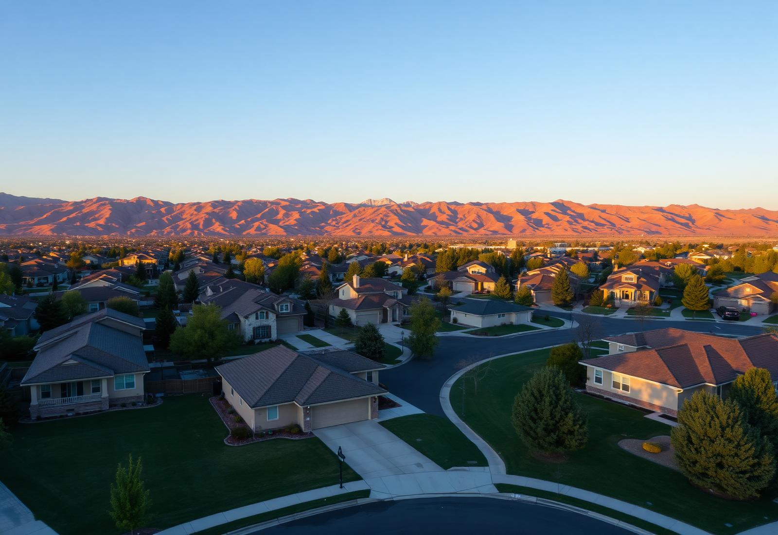 Aerial view of a Nevada residential neighborhood at sunset